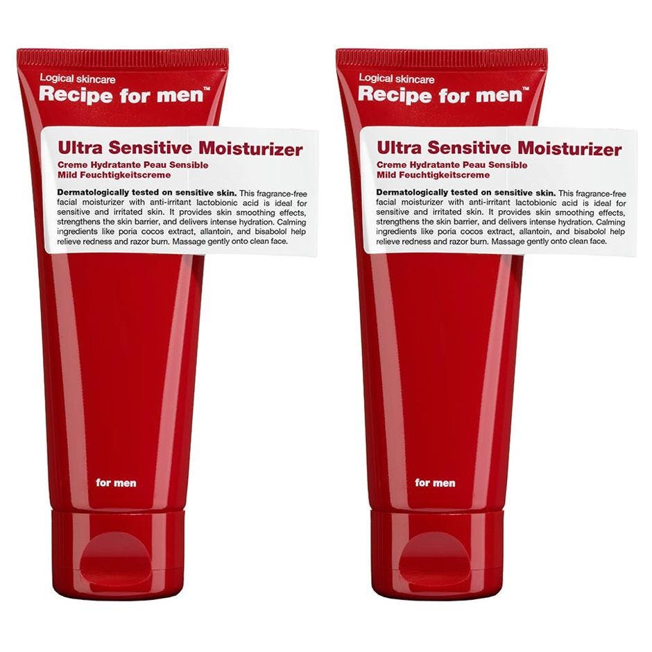 Recipe for men Ultra Sensitive Moisturizer 75 ml lugnande ansiktskräm för irriterad hud män i röd tub.